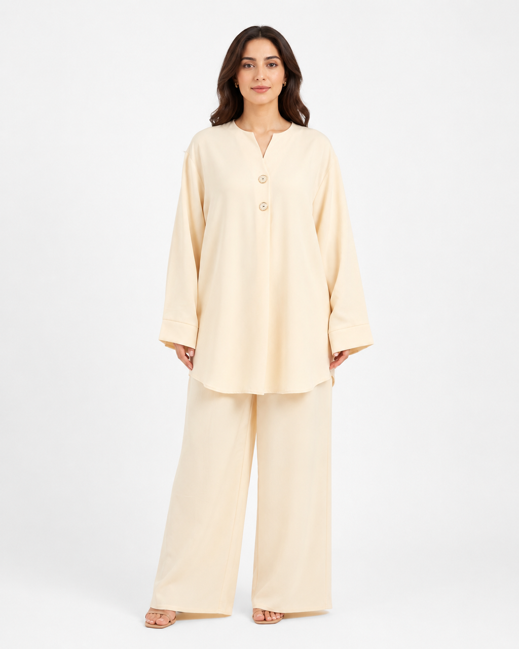 Double Gold Button Detail Set - Cream