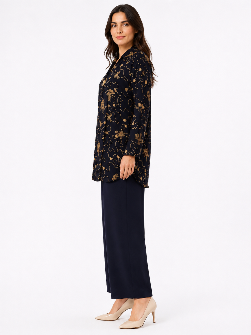 Single Gold Button Detail Set - Wide Leg - Relaxed Fit - Navy