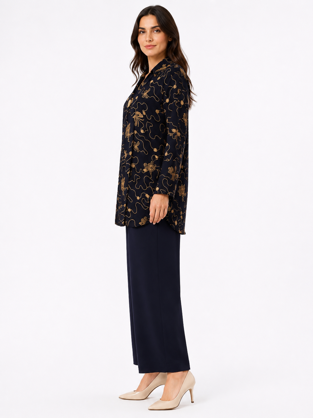 Single Gold Button Detail Set - Wide Leg - Relaxed Fit - Navy