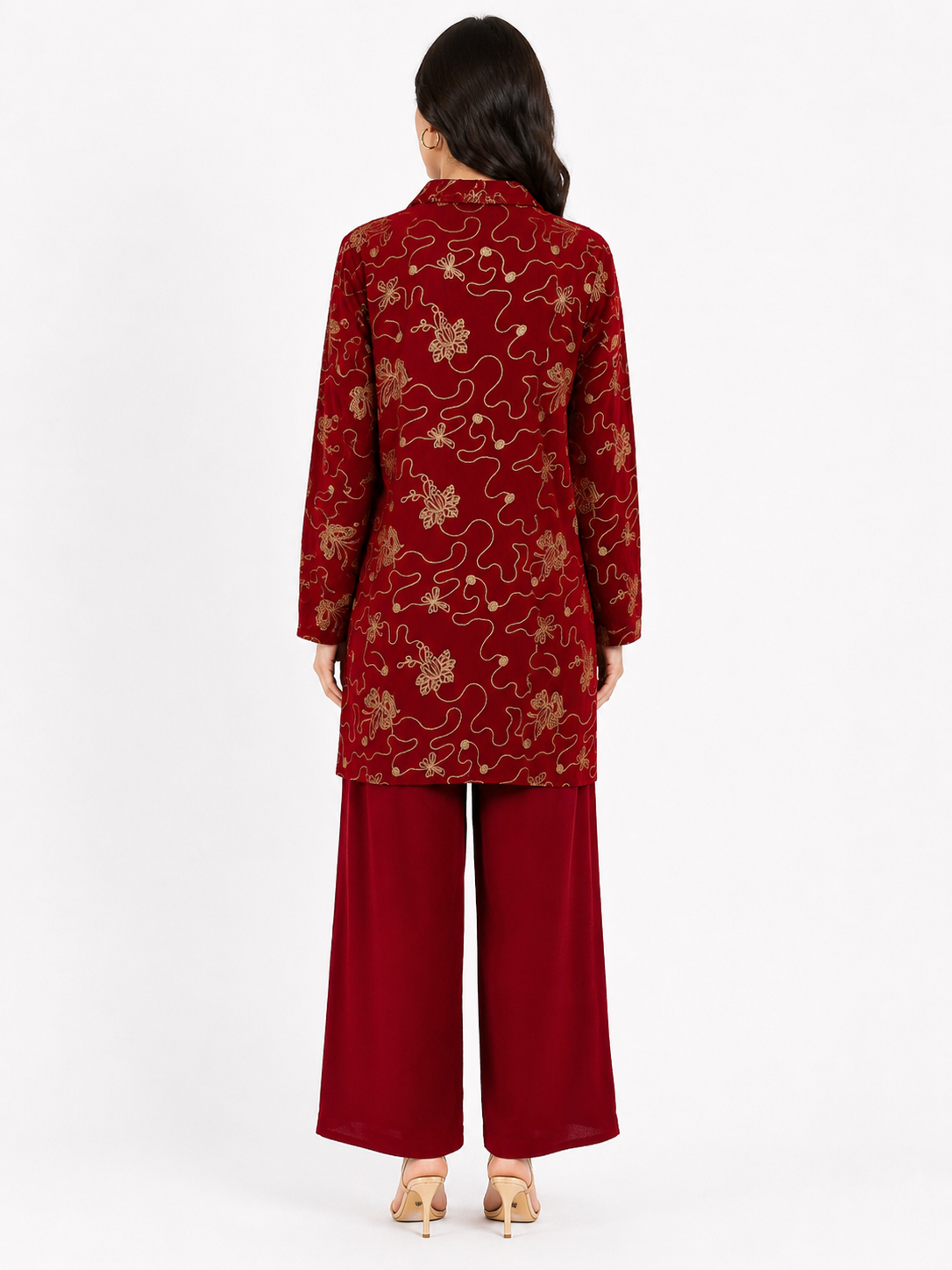 Single Gold Button Detail Set - Wide Leg - Relaxed Fit - Wine