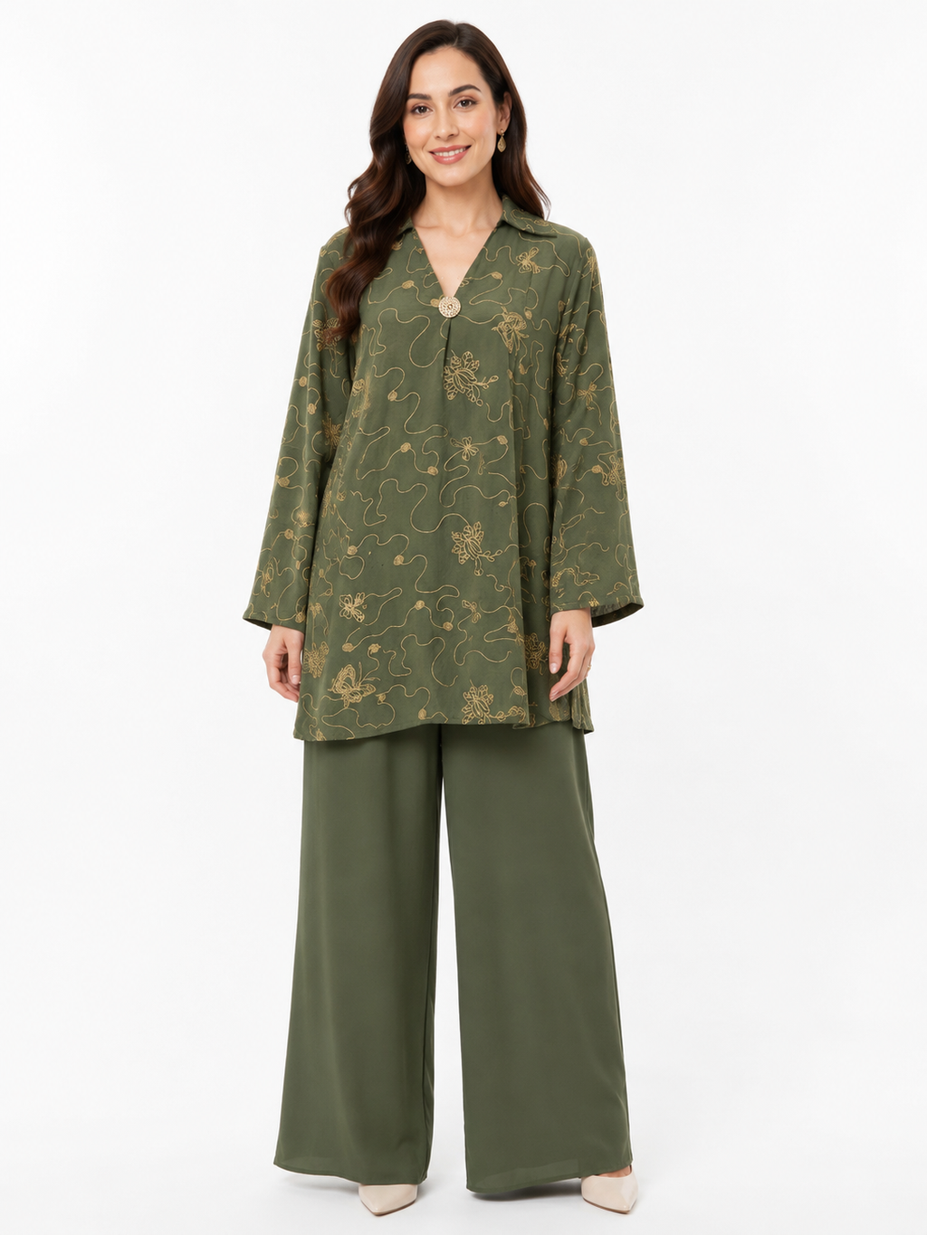 Single Gold Button Detail Set - Wide Leg - Relaxed Fit - Khaki
