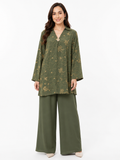 Single Gold Button Detail Set - Wide Leg - Relaxed Fit - Khaki