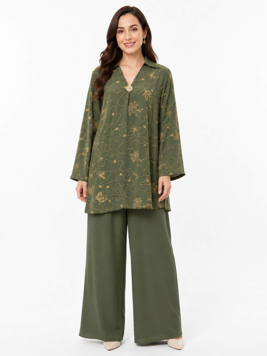 Single Gold Button Detail Set - Wide Leg - Relaxed Fit - Khaki