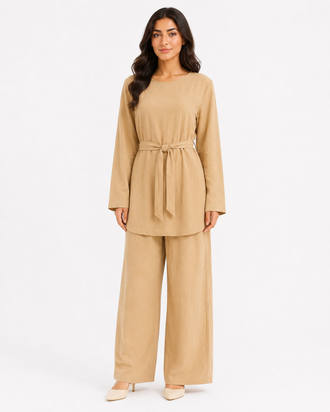 Simple Belted Set - Beige