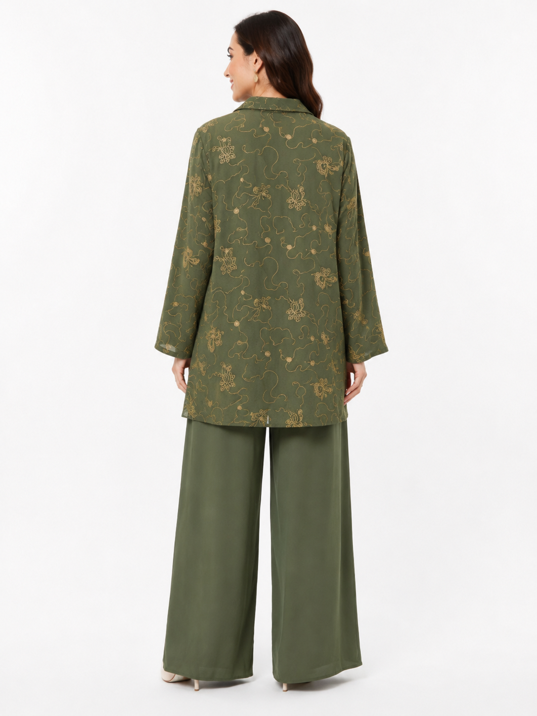Single Gold Button Detail Set - Wide Leg - Relaxed Fit - Khaki