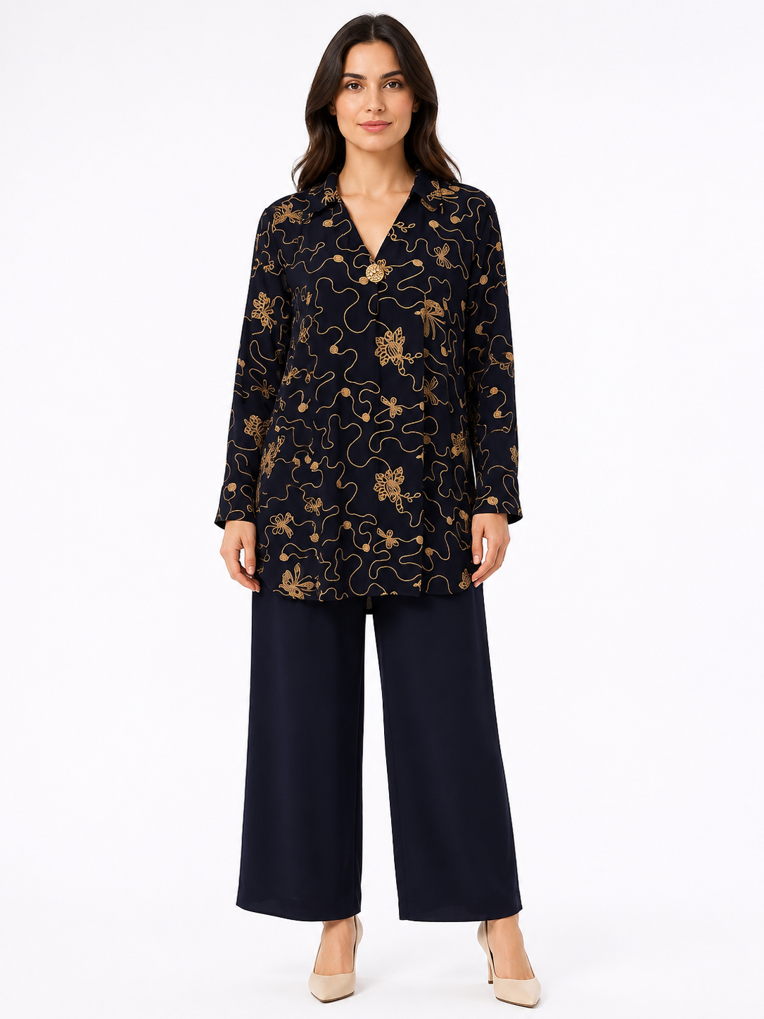 Single Gold Button Detail Set - Wide Leg - Relaxed Fit - Navy