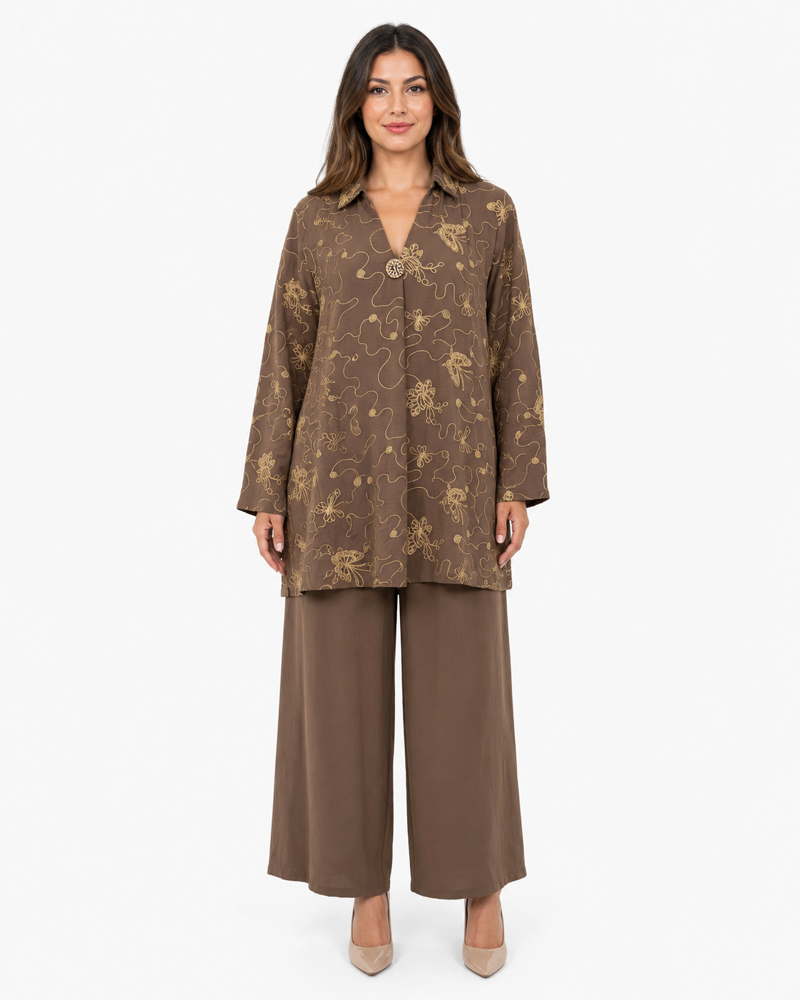 Single Gold Button Detail Set - Beige