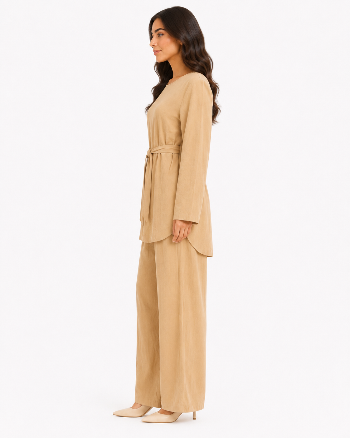 Simple Belted Set - Beige