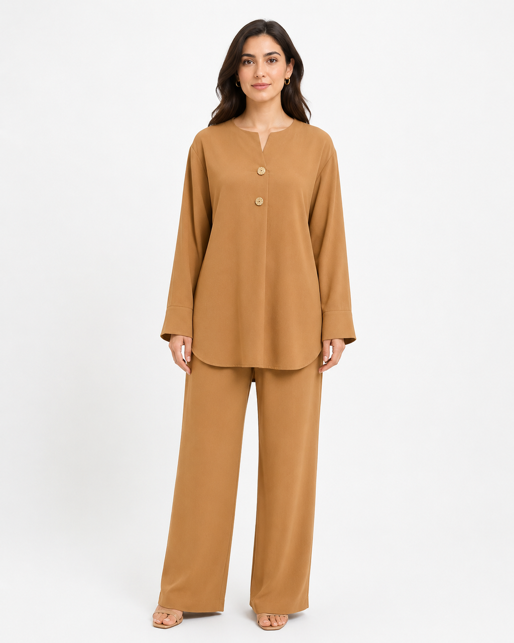 Double Gold Button Detail Set - Camel