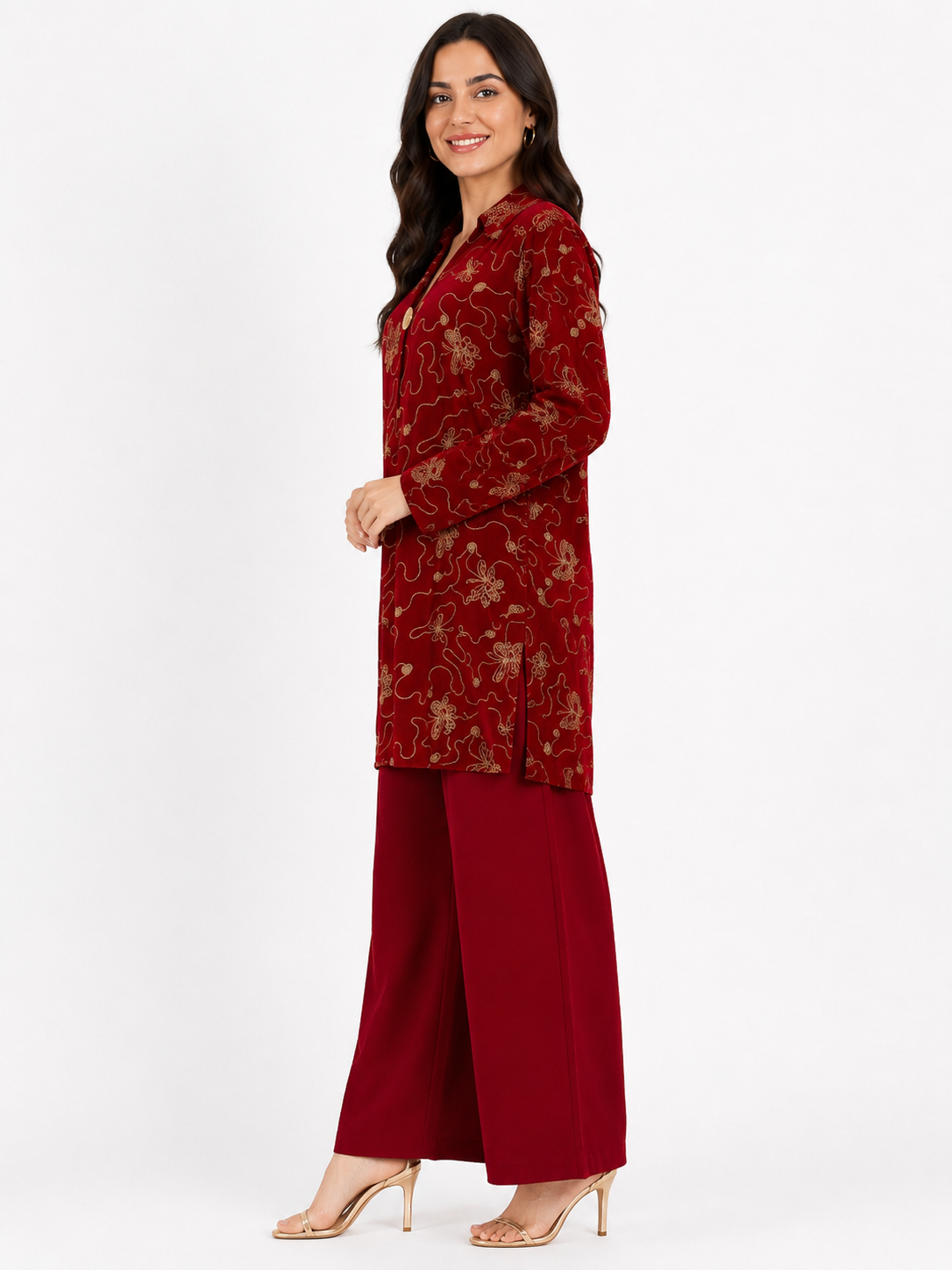 Single Gold Button Detail Set - Wide Leg - Relaxed Fit - Wine