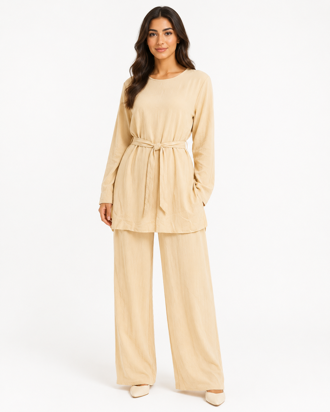 Simple Belted Set - Creamy Beige