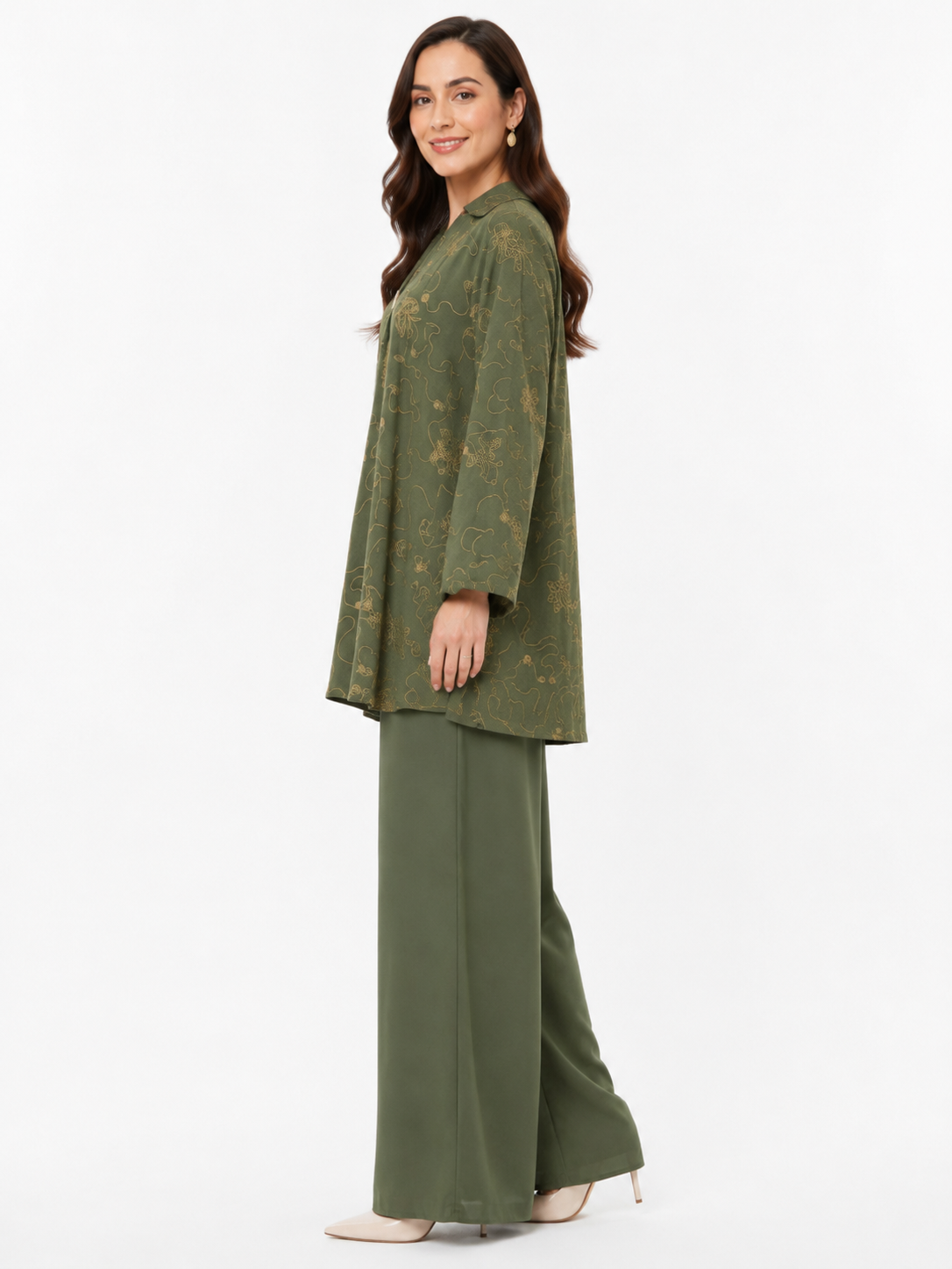 Single Gold Button Detail Set - Wide Leg - Relaxed Fit - Khaki